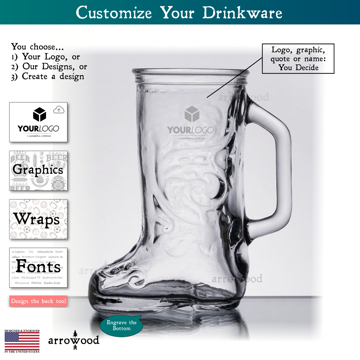 12.5 oz Anchor Hocking Boot Beer Mug - Laser engraved with your